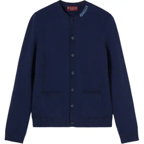 GUCCI Knitwear Men's Dark Blue Crew Neck Moderate Cardigan