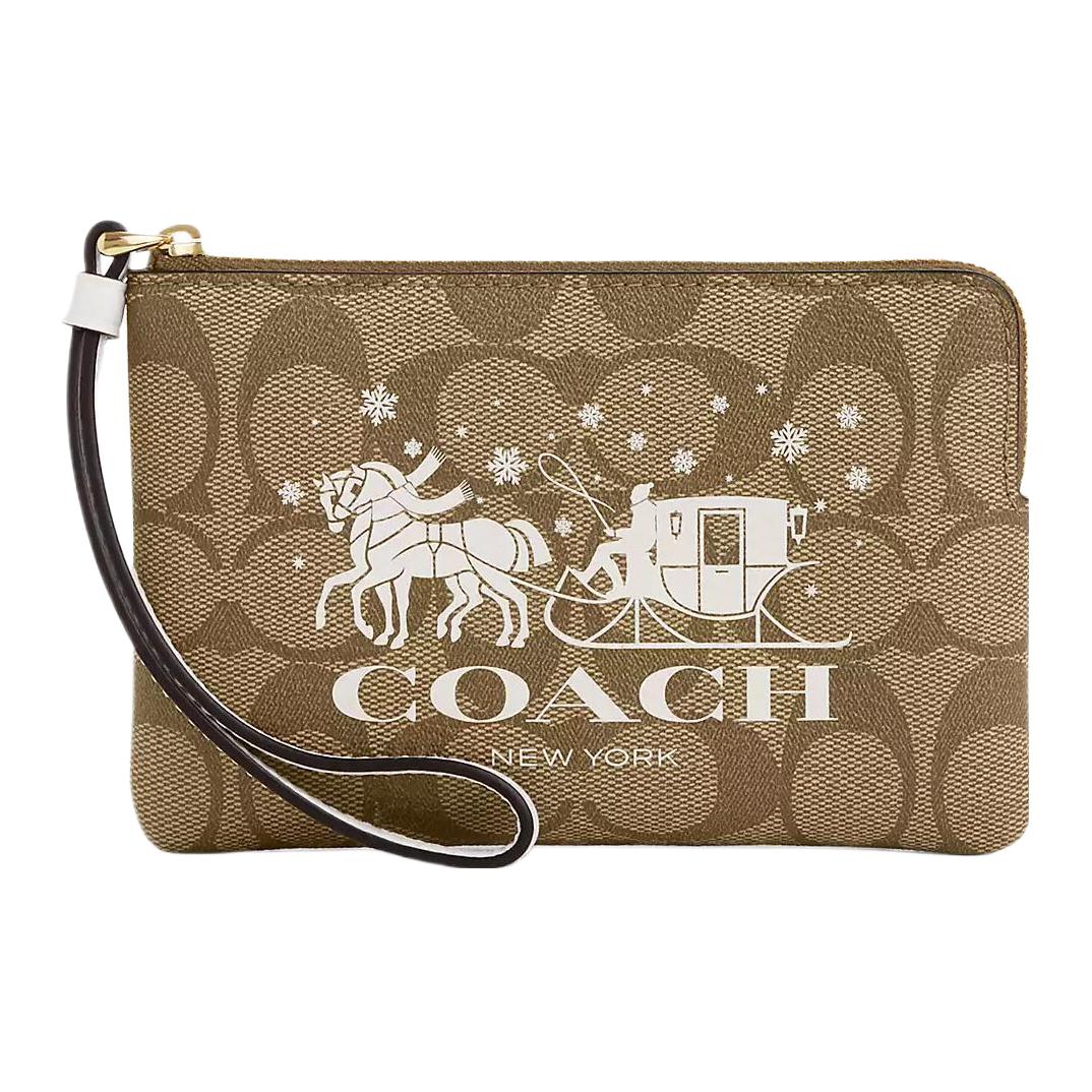 COACH Coach Corner Zip Wristlet 16 Carriage logo print classic floral zipper closure coated canvas and smooth leather clutch mini women's gold with khaki and chalk