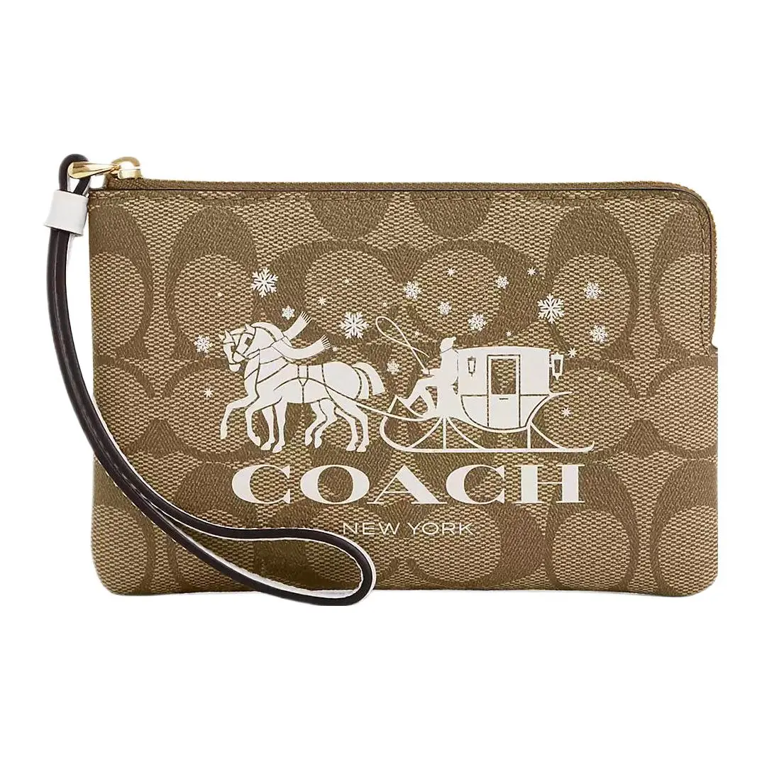 COACH Corner Zip Coated Canvas With Smooth Leather Clutch Mini Women's Gold & Khaki & Chalk