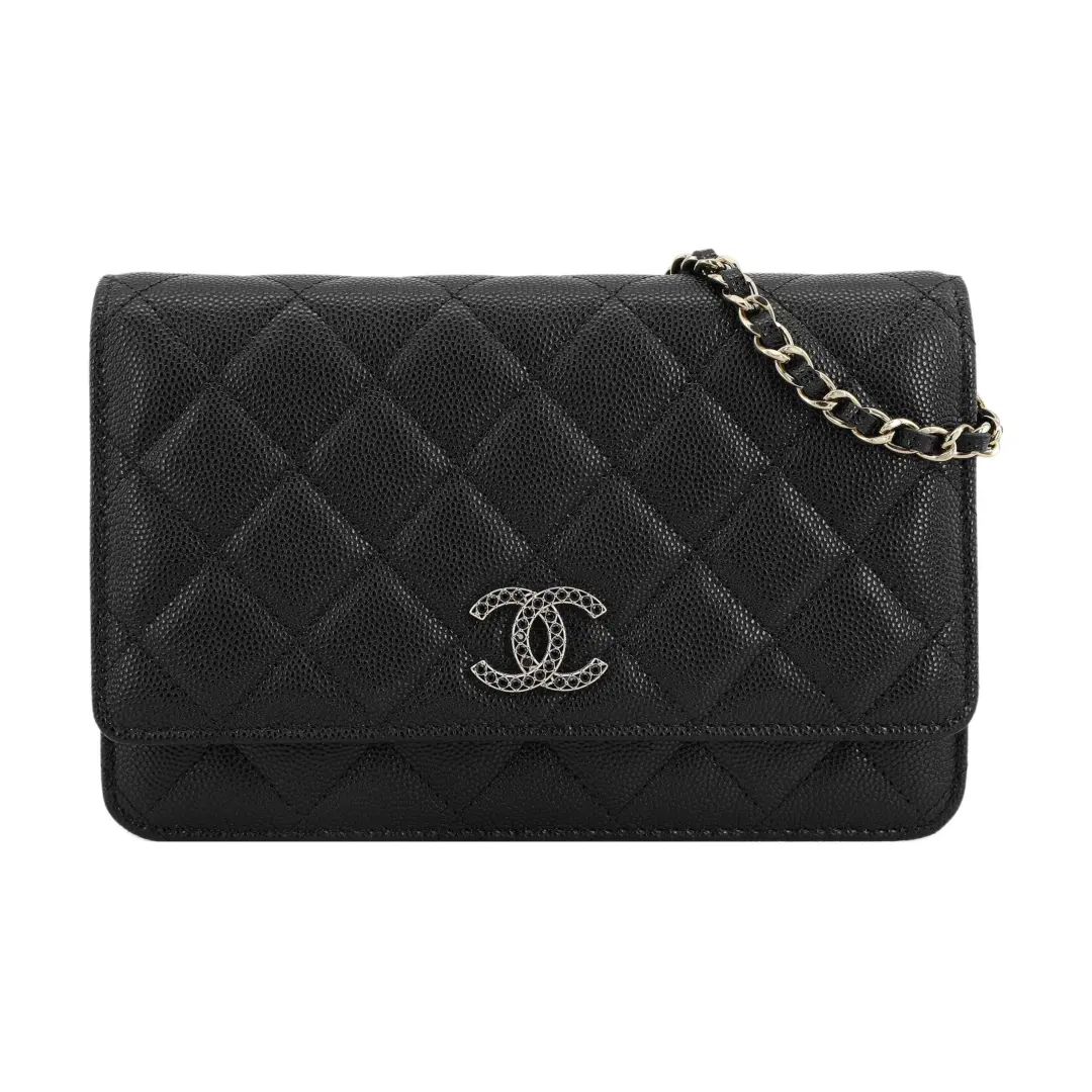 CHANEL Grain Calfskin Rhinestone Shoulder Bag, Crossbody Bag, Wallet Women's Black