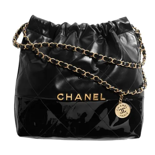 CHANEL Calfskin Vs. Patent Leather Calfskin Crossbody Bag, Shoulder Bag Small Unisex Black