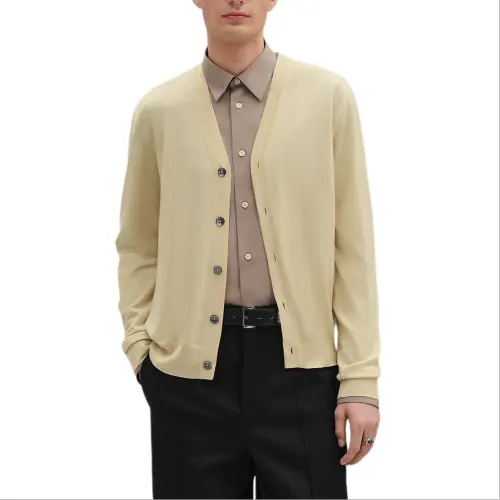HERMES Sweaters Men's Light Yellow V Neck Moderate Cardigan