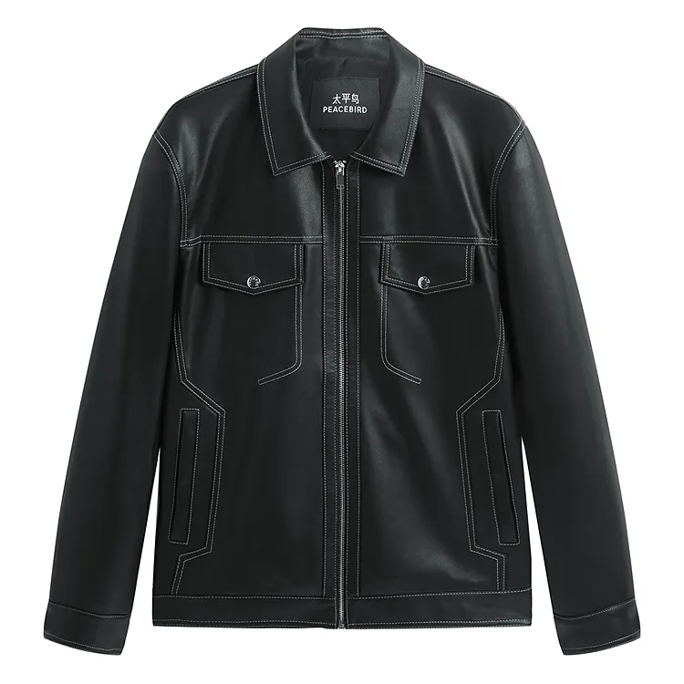 PEACEBIRD MEN Color Block PU Leather Jacket With Visible Stitching Men's