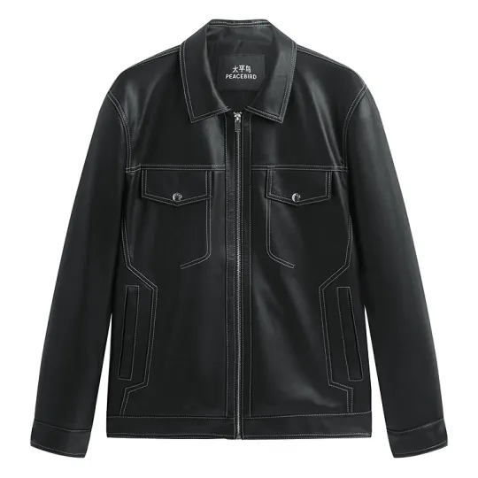 PEACEBIRD MEN Color Block PU Leather Jacket With Visible Stitching Men's