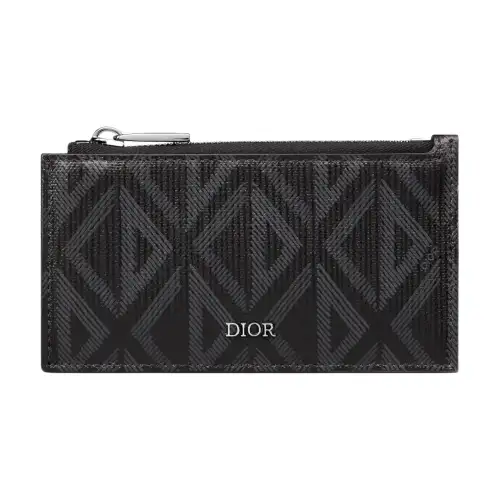 DIOR CD Diamond Canvas With Smooth Cow Leather Card Holder Men's Black