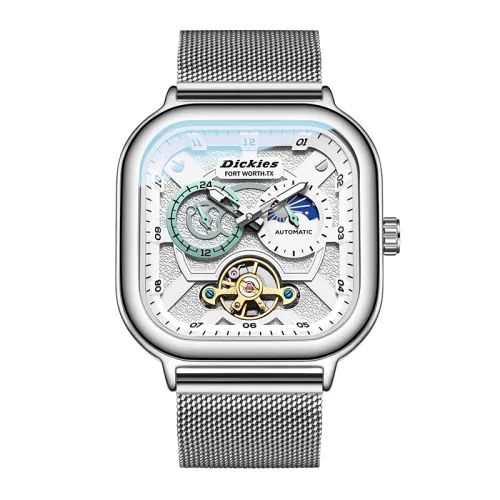 Dickies Sun, Moon and Stars Watch, Mechanical Movement, Steel Strap, Silver Dial, Same Style for Men and Women, Light Luxury Metal Hollow Square Watch, Student Sports, Everyday Versatility, Commuting, Waterproof, Couples, Affordable at 100 Yuan, Trendy Men’s Dating Ceremony