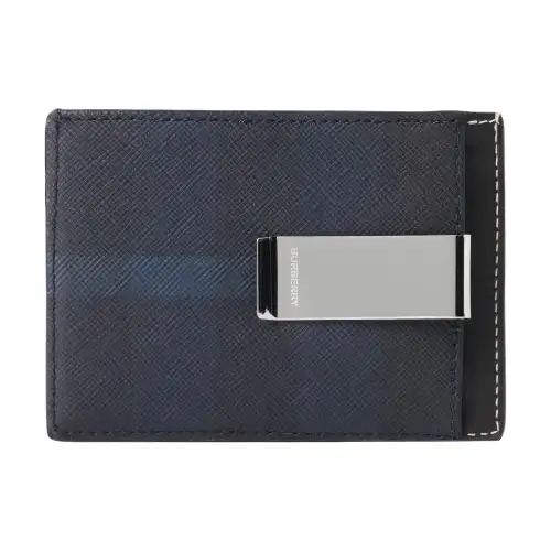 Burberry Plaid Leather Detail Card Holder Men's Marine Blue