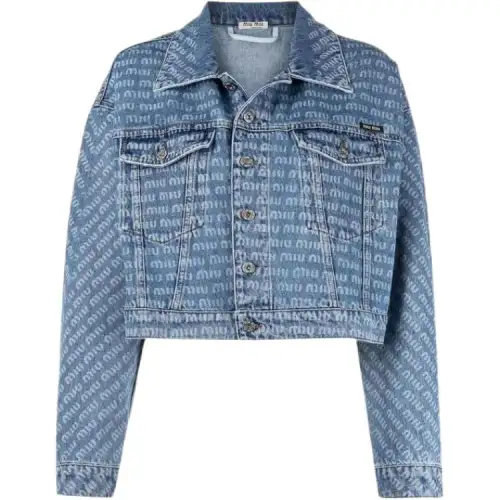 MIU MIU Denim Jackets Women's Blue Lapel Moderate Straight Fit