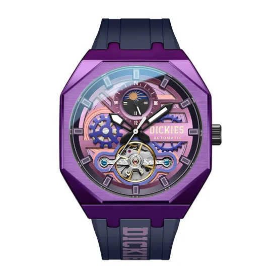 Dickies Sun, Moon, And Stars Wrist Watches Automatic Mechanical Movement Silicone Strap Purple Watch Dial Men's Watches
