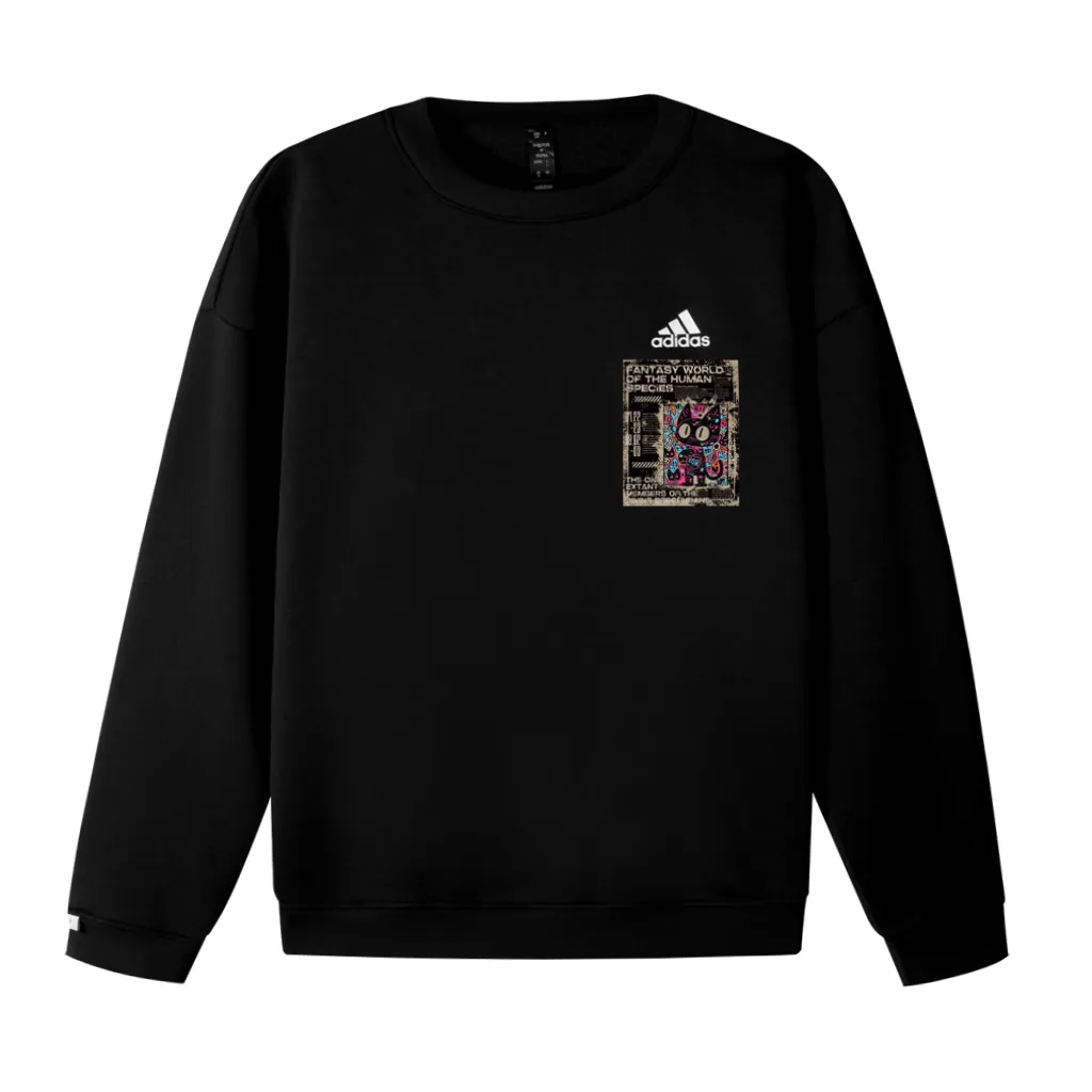 Adidas Fleece Lined Distressed Cat Label Logo Printed Pattern Crew Neck Loose Fit Drop Shoulder Pullover Long Sleeved