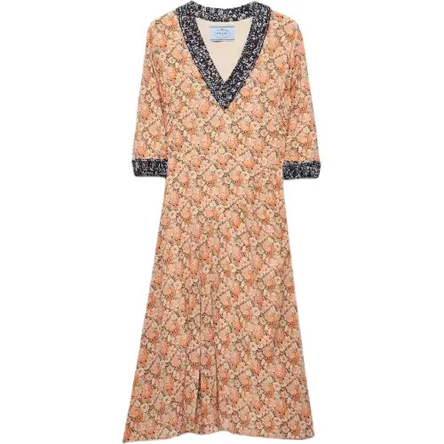 Prada floral-print knit-trim midi dress