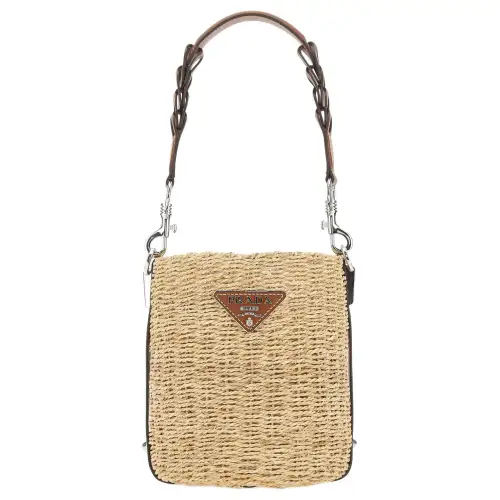 PRADA Raffia Fiber With Leather Bucket Bag, Shoulder Bag, Crossbody Bag, Handbag Women's Light Umber
