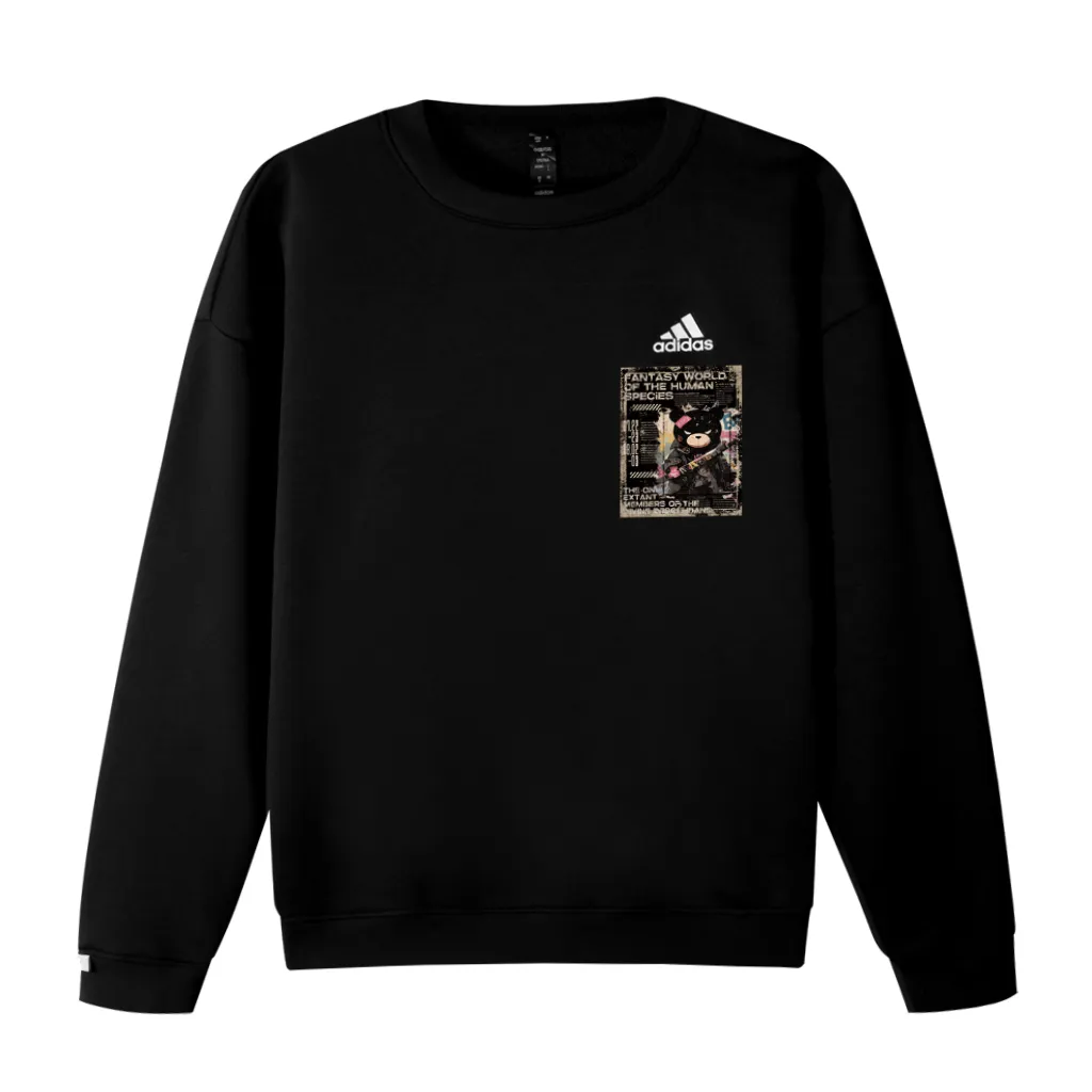 Adidas Fleece Lined Distressed Bear Logo Printed Pattern Crew Neck Loose Fit Drop Shoulder Pullover Long Sleeved