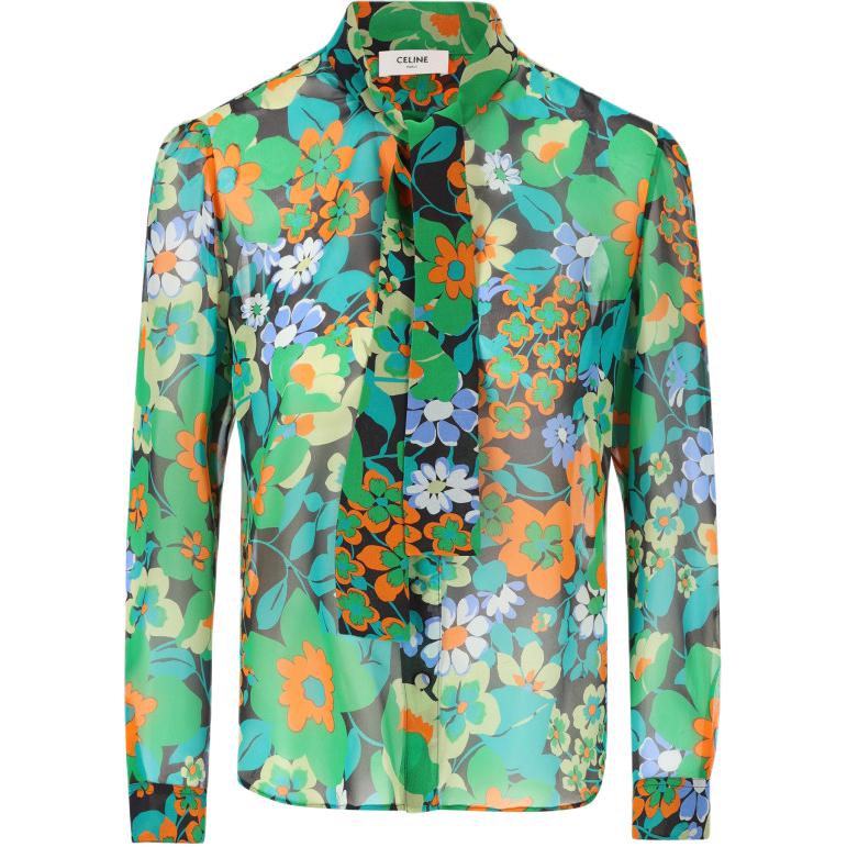 CELINE Shirts Women's Green Scarf Collar Moderate Straight Fit