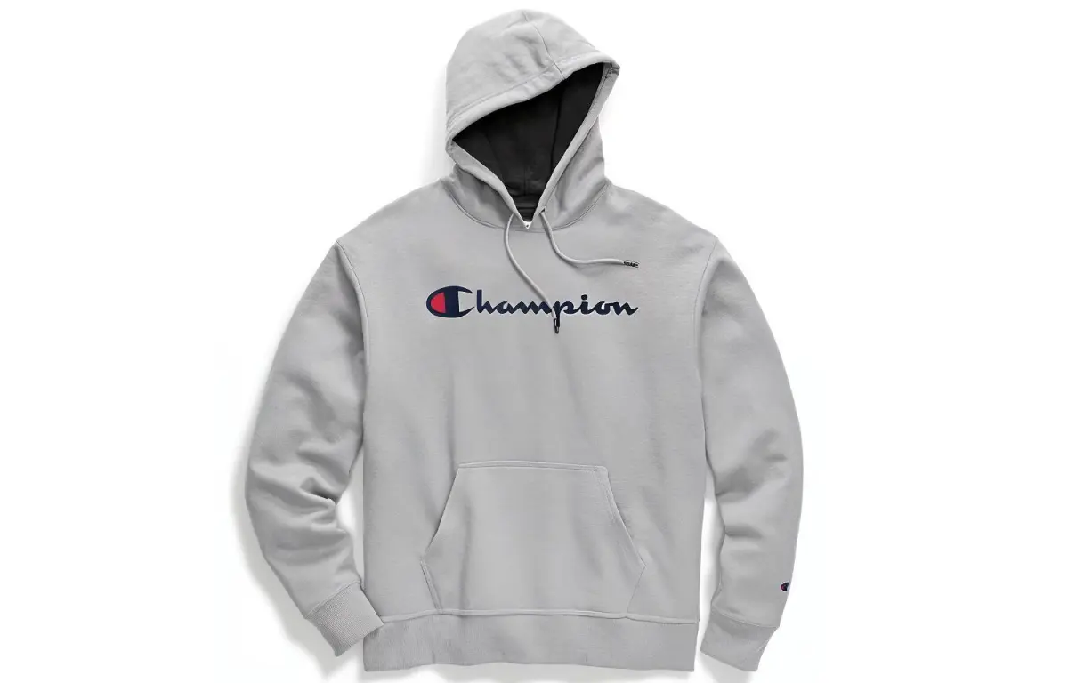 Champion Script Print Thin Fleece Hooded Pullover Fleece Lined Sports Sweatshirt Unisex Light Gray