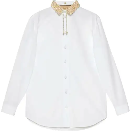 GUCCI Women's Cotton Poplin Embroidered Collar Shirt White