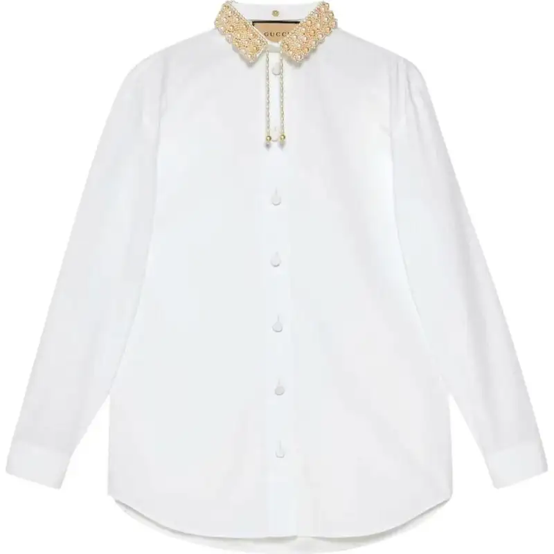 GUCCI Women's Cotton Poplin Embroidered Collar Shirt White