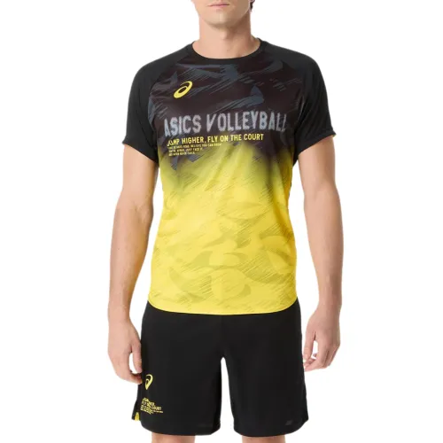 ASICS T Shirts Men's Performance Black/Bright Yellow Crew Neck