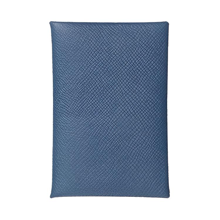 HERMES Calvi Silver Tone Buckle Epsom Calfskin Card Holder Men's Prussian Blue