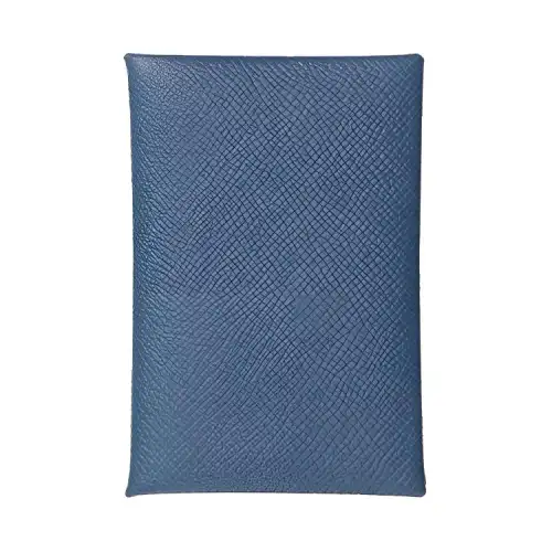 HERMES Calvi Silver Tone Buckle Epsom Calfskin Card Holder Men's Prussian Blue