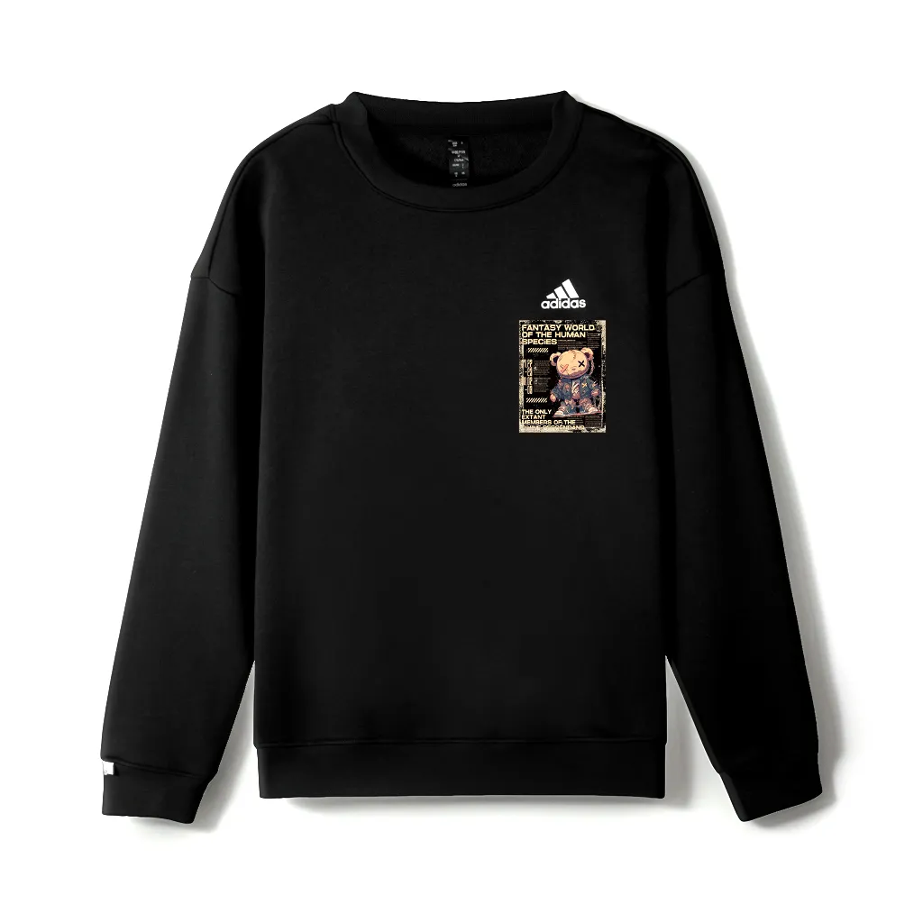 Adidas LABEL Distressed Dirty Bear M Logo Printed Pattern Crew Neck Drop Shoulder Fleece Lined Pullover Long Sleeved