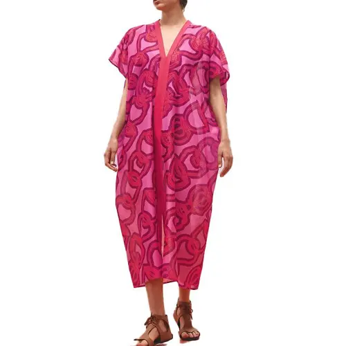 HERMES Short Sleeved Dresses Women's Pink V Neck Moderate Long