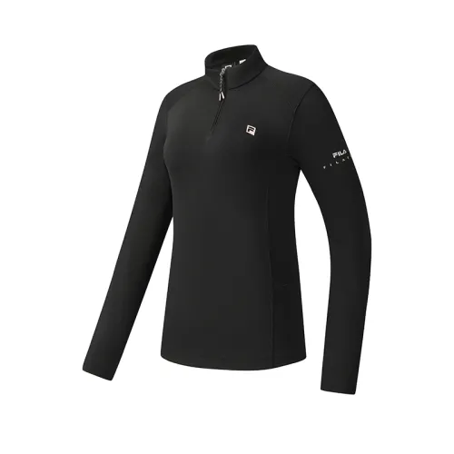 FILA Fitness T Shirts Women's Pitch Black Stand Collar Moderate Straight Fit