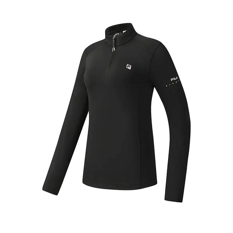 FILA Fitness T Shirts Women's Pitch Black Stand Collar Moderate Straight Fit