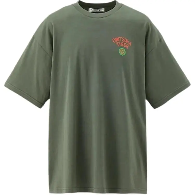 Onitsuka Tiger T-Shirts Unisex Khaki Orange Crew Neck