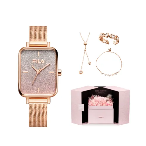 FILA Small square watch, gift box, quartz set, metal watch strap stainless steel, golden dial, women's watch, gradient, quartz mechanism
