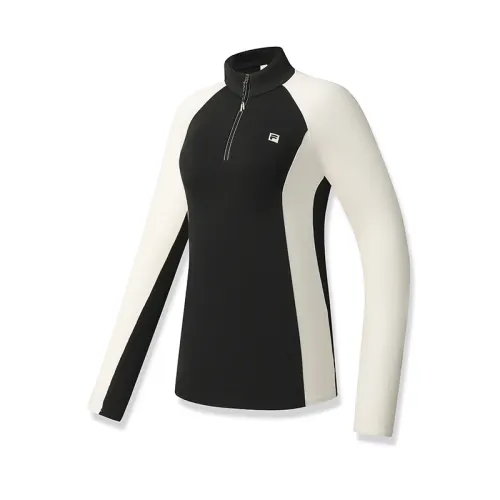 FILA Fitness T Shirts Women's Pitch Black Stand Collar Moderate Straight Fit