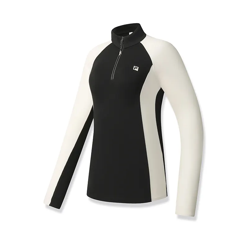 FILA Fitness T Shirts Women's Pitch Black Stand Collar Moderate Straight Fit