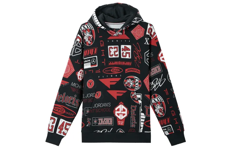 Jordan ESSENTIALS Fleece Lined All Over Print Hooded Long Sleeved Sweatshirt Men's Black/Campus Red