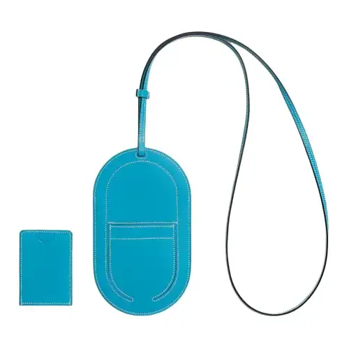 HERMES Chamkila Goat Skin Cell Phone Pouch Large Women's Frida Blue & Cookie