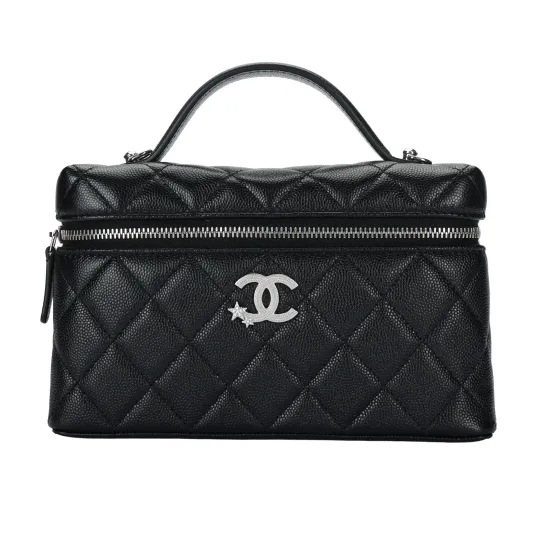 CHANEL Grain Cow Leather Material Silver Chain Portable Makeup Bag Women's Black