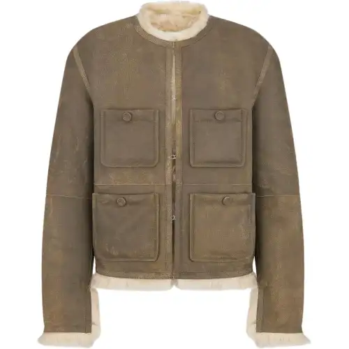 DIOR Leather Jackets Men's Brown Crew Neck Moderate