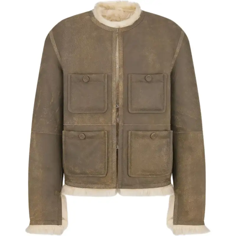 DIOR Leather Jackets Men's Brown Crew Neck Moderate