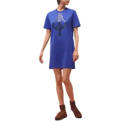 HERMES SS23 Short Sleeved Dresses Women's Ultramarine Blue Crew Neck Moderate Short