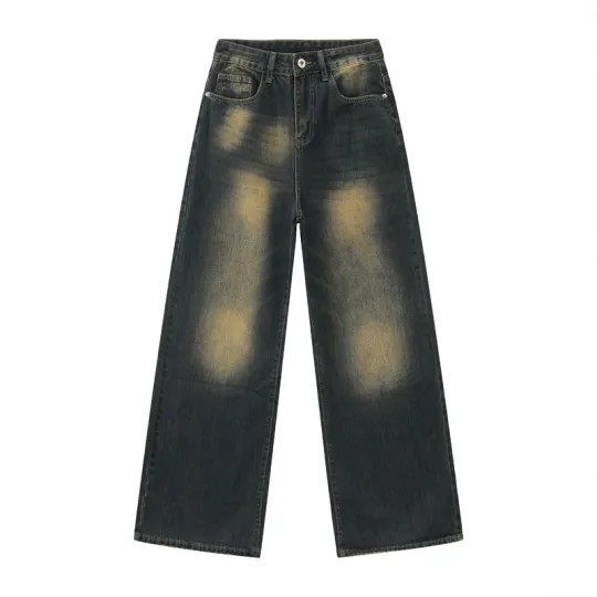 Voguo Relay Baggy Jeans Extended Length Floor Length Wide Leg Pants Unisex Vintage Dark Blue