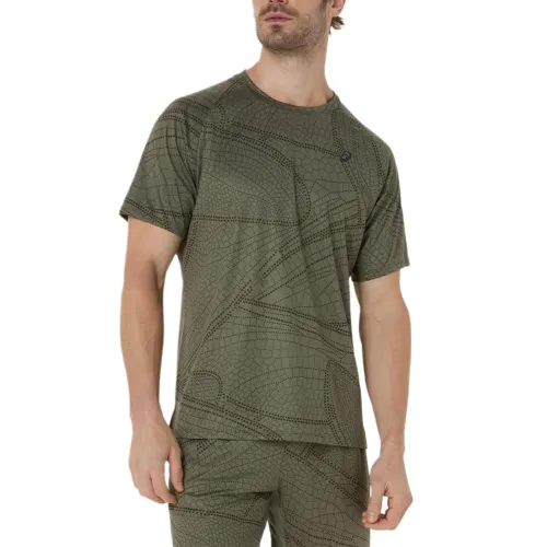ASICS SS T Shirts Men's Green Crew Neck Moderate