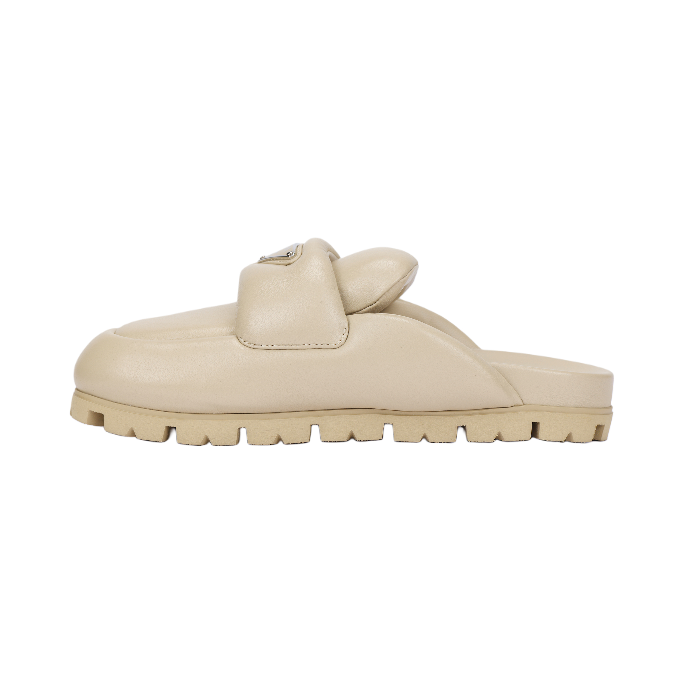 PRADA Prada Leather Triangle Logo Slip-ons Birkenstock Toe Slippers Women's Beige