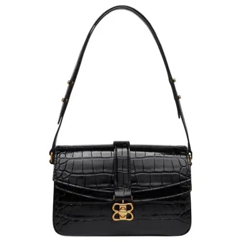 Balenciaga Flap Shoulder Bag Small Crocodile Embossed Black