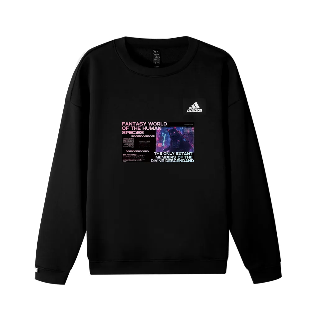 Adidas LABEL Fleece Lined, Cyber Kitten V Logo Printed Pattern Crew Neck Loose Fit Drop Shoulder Pullover Long Sleeved