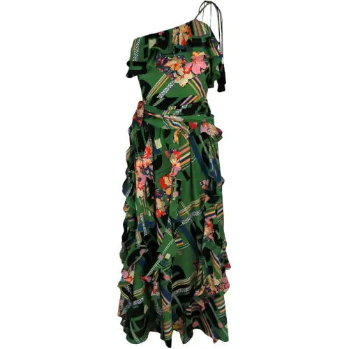 GUCCI Floral Check Print Ruffled Silk Crepe Dress Green Black