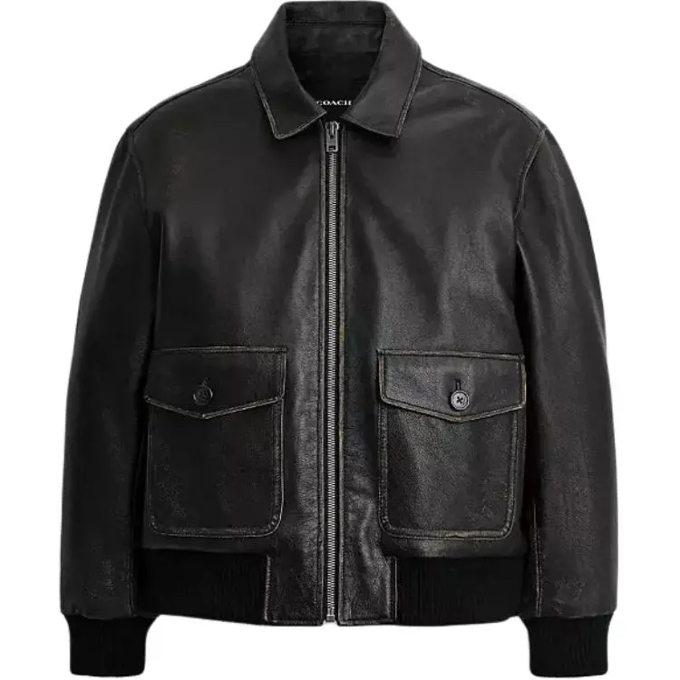 COACH Leather Jackets Men's Black Lapel Moderate