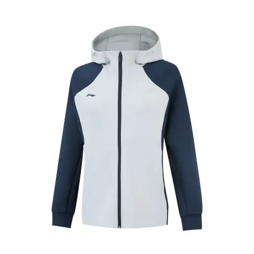 Li Ning Sweatshirts Women's Night Navigation Blue/Waterdrop Gray Hooded Moderate Cardigan