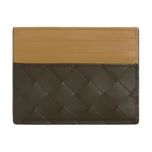 Bottega Veneta Intrecciato Cow Leather Card Holder Men's Khaki & Dark Chestnut Brown