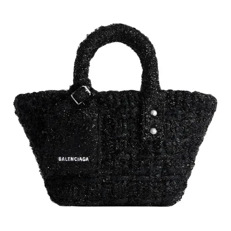 Balenciaga Bistro Detachable Strap Bright Tweed Basket Bag, Shoulder Bag, Crossbody Bag, Handbag Women's Black