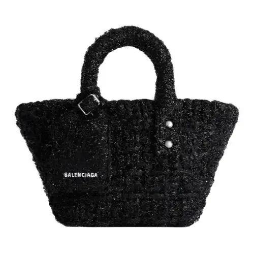Balenciaga Bistro Detachable Strap Bright Tweed Basket Bag, Shoulder Bag, Crossbody Bag, Handbag Women's Black