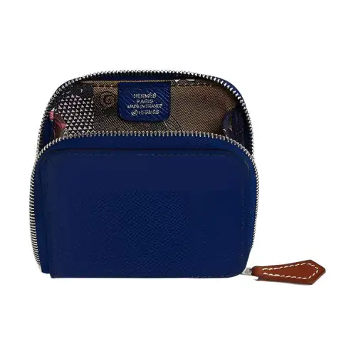 HERMES Silk'In Silver Tone Buckle Epsom Leather Coin Purse Women's French Blue/Cookie